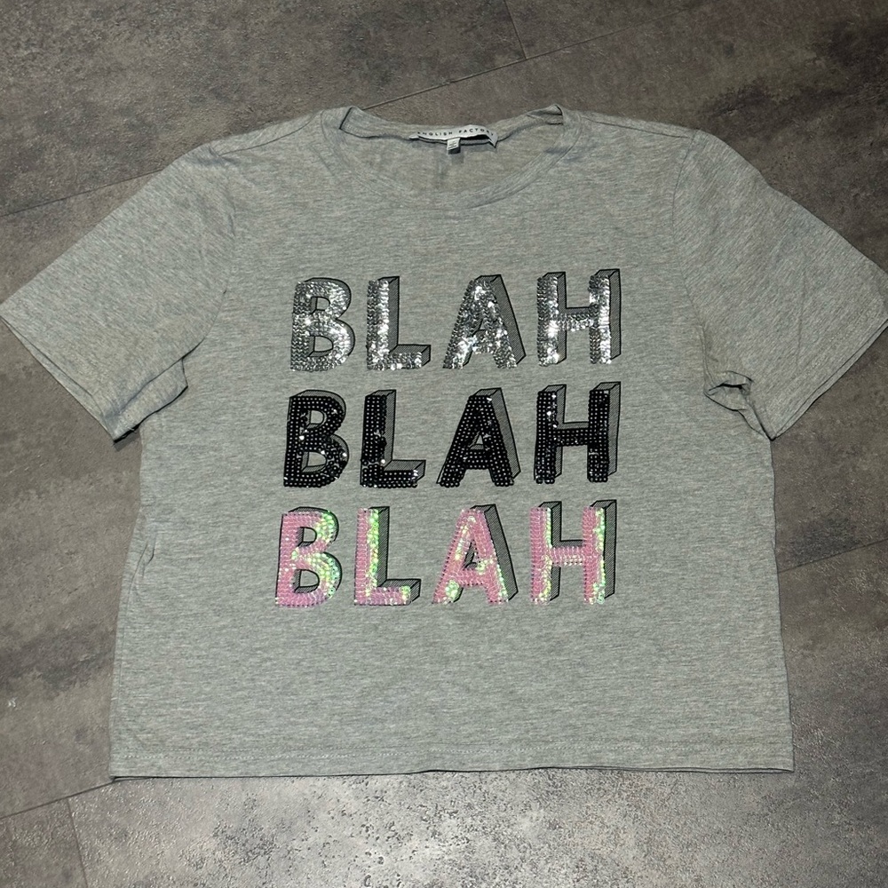 Gray Cropped Tee with Sequin Lettering